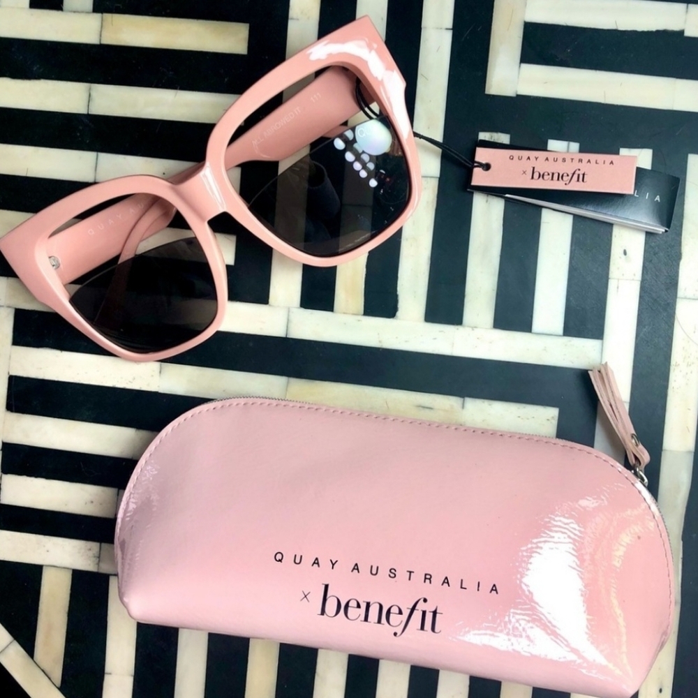 RARE Quay Australia X Benefit Pink Cat-Eye Sunglasses with Matching Pink Case